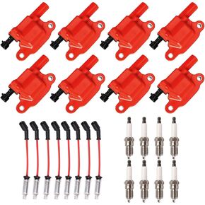 ENA Set of 8 Red Ignition Coil and 7mm Red Wire Set with 8 Platinum Spark Plug Compatible with Chevrolet GMC Avalanche Corvette Impala Silverado Express Sierra Yukon Grand Prix Replacement for UF413