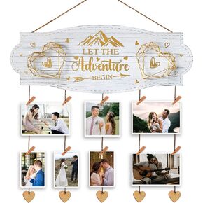 Wedding Engagement Gifts for Women Bride to Be - Romantic Wall Picture Display Board with Clothespins and Twine for Newly Engaged Couples - Let the Adventure Begin