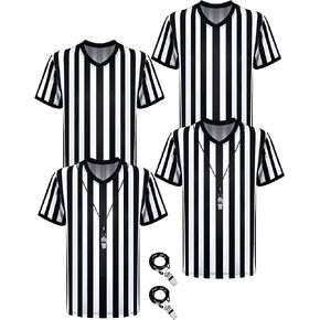 Sintege 4 Sets White and Black Soccer Referee Stripe Shirt with Whistle Official Referee Costume Shirt Football Umpire Jersey Referee Halloween Costume for Adult Kids