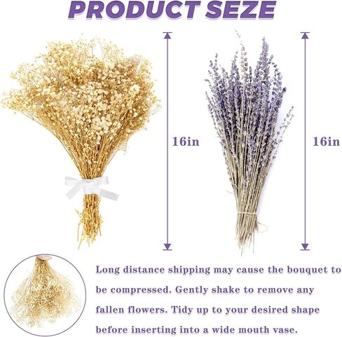 زهور اللافندر المجففة وحزم جيبسوفيلا أنفاس الطفل المجففة باقة عضوية طبيعية للمزهرية، ديكور المنزل، الزفاف، الحفلات، تنسيق الزهور، DIY in Kuwait