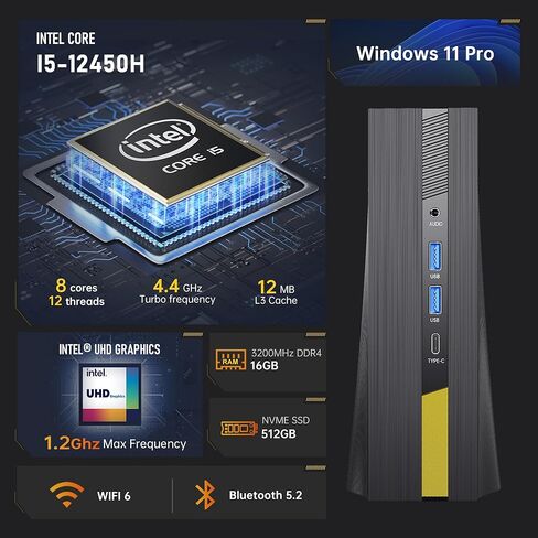 كمبيوتر صغير Intel i5 الجيل الثاني 12450H (8 نواة، 12 خيط، حتى 4.4 جيجا هرتز)، كمبيوتر صغير ACEMAGICIAN 16 جيجا DDR4 512 جيجا SSD، WiFi 6/BT5.2/3-Screen 4K@60 عرض سطح المكتب المكتبي، للاستخدام اليومي/ الأعمال/HTPC in Kuwait