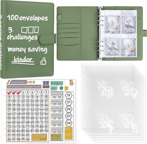 100 Envelopes Money Saving Challenge Binder, A5 Budget Binder with Cash Envelopes, Savings Challenges Book to Save $500, 5,050, 10,000 Budget Planner for Budgeting Saving Money, Olive Green in Saudi Arabia