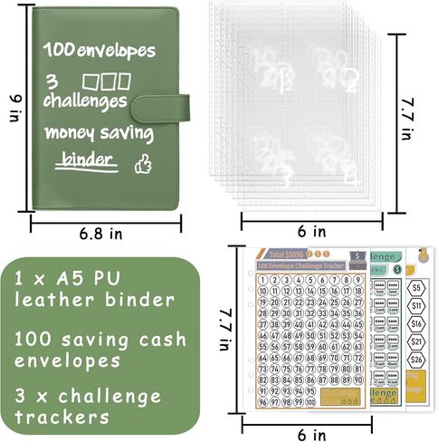 100 Envelopes Money Saving Challenge Binder, A5 Budget Binder with Cash Envelopes, Savings Challenges Book to Save $500, 5,050, 10,000 Budget Planner for Budgeting Saving Money, Olive Green in Saudi Arabia