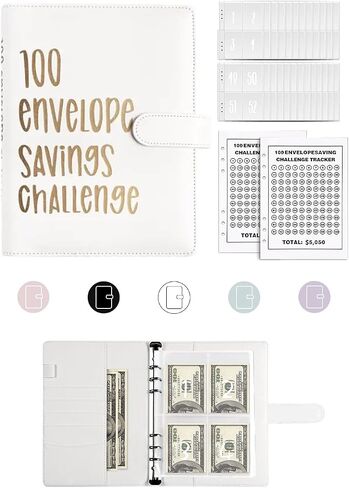 100 Envelopes Money Saving Challenge Budget Binder, Envelope Savings Challenge Book, 52 Week Money Binder For Cash Saving Budget Book With Pouches Halloween, Christmas, Gifts For Friends White in Saudi Arabia