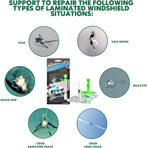 طقم إصلاح زجاج السيارات DIY، طقم إصلاح شقوق الزجاج الأمامي، طقم إصلاح نافذة السيارة لإصلاح شقوق الزجاج الأمامي، أهلة نصف القمر، رقائق النجوم، عين الثيران.- إصدار جديد 2022. (أخضر، عبوة واحدة) in Saudi Arabia