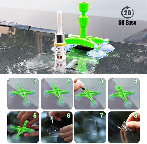 طقم إصلاح زجاج السيارات DIY، طقم إصلاح شقوق الزجاج الأمامي، طقم إصلاح نافذة السيارة لإصلاح شقوق الزجاج الأمامي، أهلة نصف القمر، رقائق النجوم، عين الثيران.- إصدار جديد 2022. (أخضر، عبوة واحدة) in Saudi Arabia
