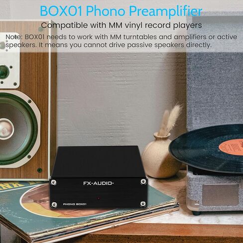 FXAUDIO BOX01 Phono Turntable Preamp - مشغل تسجيل الفينيل LP Mini MM Phono Preamplifier، مخرج RCA، تشغيل منخفض الضوضاء، مع محول طاقة DC 12V in Kuwait