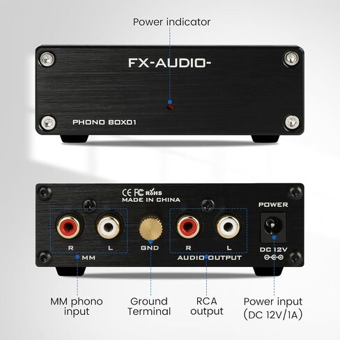 FXAUDIO BOX01 Phono Turntable Preamp - مشغل تسجيل الفينيل LP Mini MM Phono Preamplifier، مخرج RCA، تشغيل منخفض الضوضاء، مع محول طاقة DC 12V in Kuwait