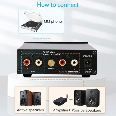 FXAUDIO BOX01 Phono Turntable Preamp - مشغل تسجيل الفينيل LP Mini MM Phono Preamplifier، مخرج RCA، تشغيل منخفض الضوضاء، مع محول طاقة DC 12V in Kuwait