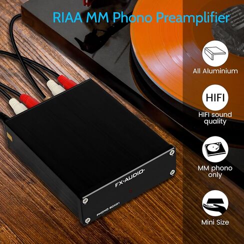 FXAUDIO BOX01 Phono Turntable Preamp - مشغل تسجيل الفينيل LP Mini MM Phono Preamplifier، مخرج RCA، تشغيل منخفض الضوضاء، مع محول طاقة DC 12V in Kuwait