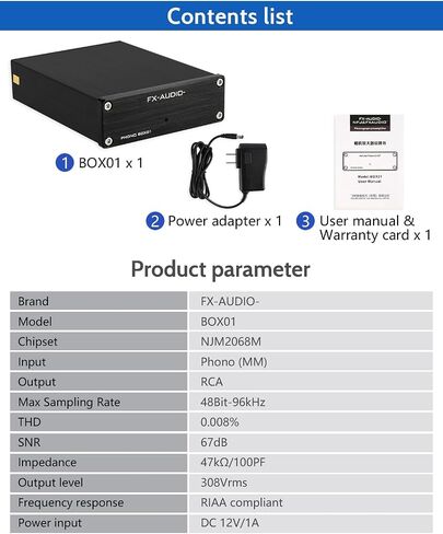 FXAUDIO BOX01 Phono Turntable Preamp - مشغل تسجيل الفينيل LP Mini MM Phono Preamplifier، مخرج RCA، تشغيل منخفض الضوضاء، مع محول طاقة DC 12V in Kuwait