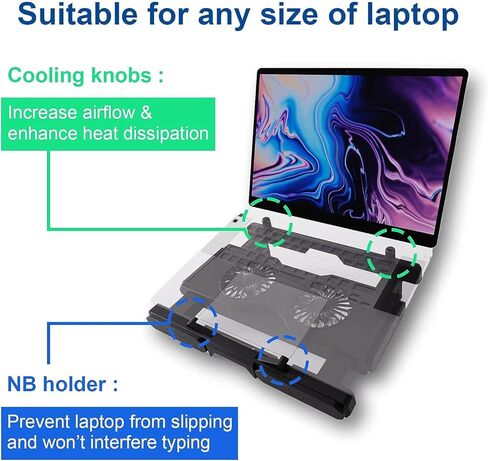 Laptop Cooling Pad 10"- 17" Adjustable Angle Laptop Cooler Fan USB + Type-C Ports Shrink Portable Quiet Strong Wind Desk Fan in Kuwait