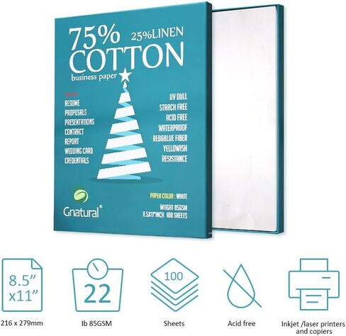 75% Cotton 25% Linen Paper, 85gsm Inkjet Printing Paper, 8.5"x11" White Color Resume Paper,100 Sheets Won't Get Wet Cotton Paper in Kuwait