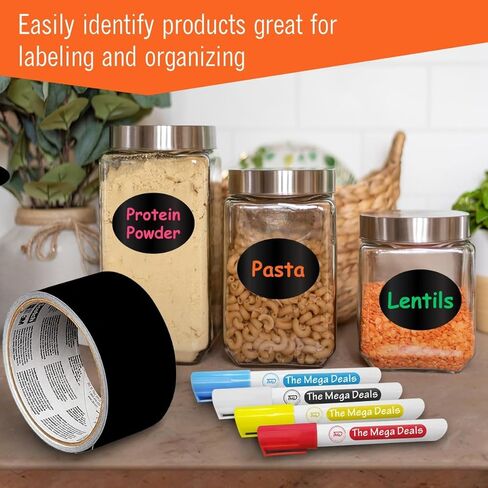 ملصقات السبورة مقاس 1.88 بوصة × 5 ياردات - 4 علامات طباشير، ملصقات تقشير ولصق شريط السبورة لحاويات الطعام، ملصقات طباشير للزجاجات - ملصقات للتنظيم in Kuwait