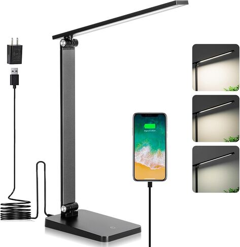 مصباح مكتب LED للمكتب المنزلي، ضوء مكتب 3 مستويات خافت مع منفذ شحن USB، مصباح دراسة صغير، ضوء قراءة للطاولة، أسود، 5000 كلفن in Saudi Arabia
