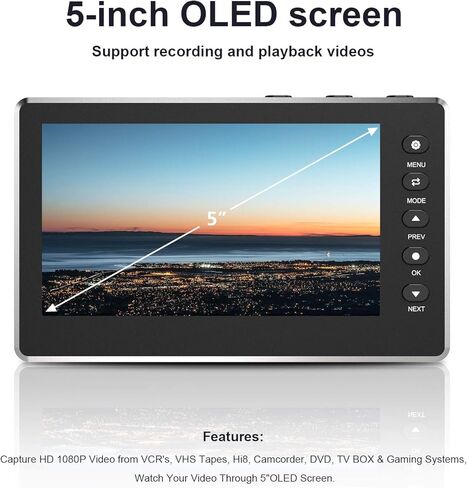 صندوق التقاط فيديو DIGITNOW HD 1080P 60FPS USB 2.0 محول فيديو إلى رقمي مع شاشة OLED مقاس 5 بوصات، التقاط مسجل فيديو AV&HDMI من VCR، وDVD، وأشرطة VHS، وHi8، وكاميرات الفيديو، وأنظمة الألعاب in Kuwait