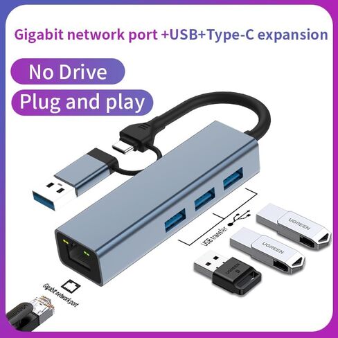 USB+Type C 2 في 1 إلى منفذ LAN (100 ميجا بت في الثانية) + HUB Hub USB C إلى HDMI Hub Ethernet 3*USB 3.0 قارئ بطاقات SD/TF، ​​متوافق مع أجهزة الكمبيوتر المحمولة USB C وأجهزة C الأخرى in Saudi Arabia