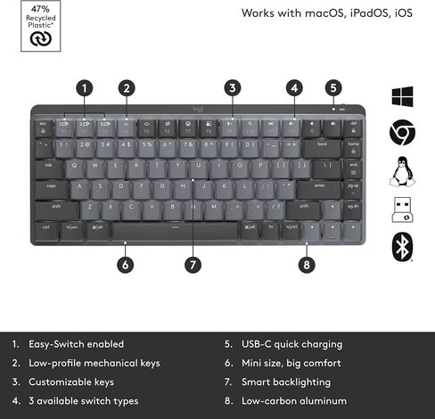 لوحة مفاتيح Logitech MX ميكانيكية لاسلكية مضيئة للأداء، مفاتيح هادئة باللمس، مفاتيح بإضاءة خلفية، بلوتوث، USB-C، macOS، Windows، Linux، iOS، Android، معدني (متجدد) in Kuwait