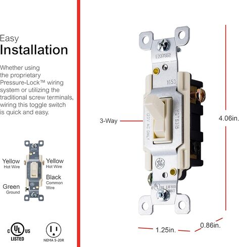 GE 3-Way Grounding Toggle Switch، 5 عبوات، في الحائط تشغيل/إيقاف المروحة واستبدال مفتاح الإضاءة، 15 أمبير، رائع للمنزل والمكتب والمطبخ، مدرج في قائمة UL، اللوز الخفيف، 44032 in Kuwait