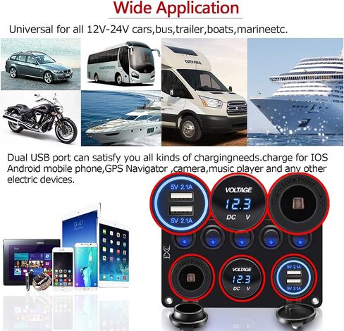 لوحة قارب بمقبس شاحن USB مزدوج للسيارة، 5 عصابة مقاومة للماء للقوارب البحرية ومفتاح تبديل ولاعة سجائر 12 فولت ومحول طاقة ولوحة فولتميتر LED لشاحنة القارب والسيارة RV، لشاحنة 12 فولت in Saudi Arabia