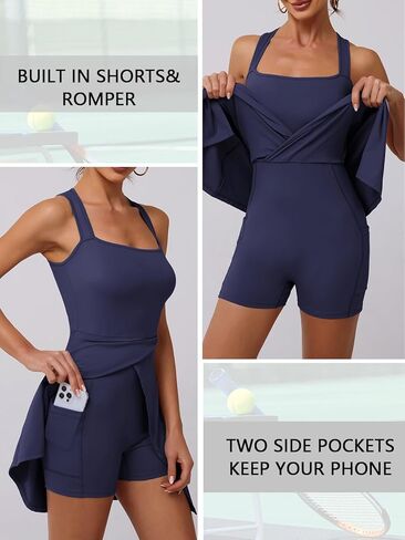 Dokuritu Womens Tennis Dress with Built in Shorts and Pockets Square Neck Sleeveless Side Slit Golf Workout Athletic Dresses in Kuwait