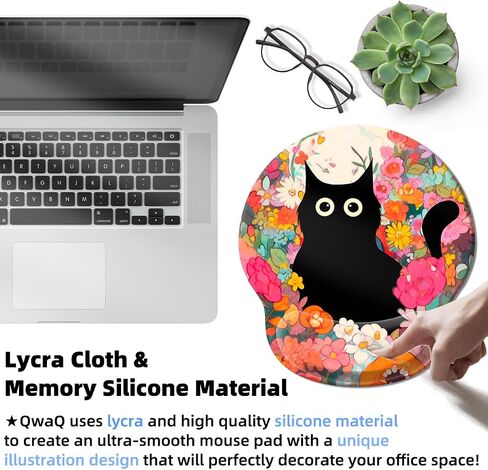 Upgrade Mouse Pad with Wrist Rest, Black Cat Flower Ergonomic Gaming Gel Mouse Pad with Wrist Support, Computer Mousepad for Desk Home Office Laptop, Pain Relief, Non-Slip PU Base in Saudi Arabia