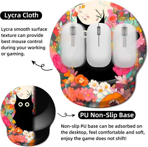 Upgrade Mouse Pad with Wrist Rest, Black Cat Flower Ergonomic Gaming Gel Mouse Pad with Wrist Support, Computer Mousepad for Desk Home Office Laptop, Pain Relief, Non-Slip PU Base in Saudi Arabia