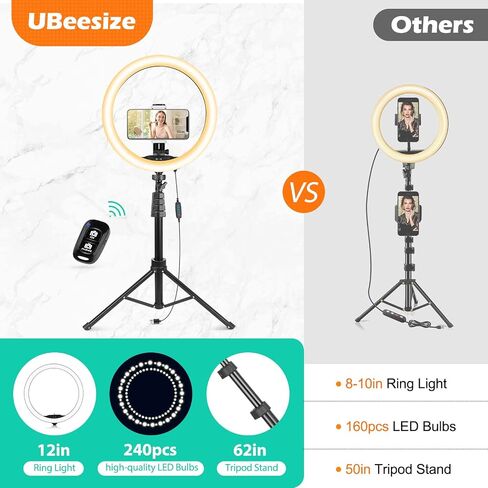 ضوء حلقة UBeesize مقاس 12 بوصة مع حامل ثلاثي القوائم لعصا سيلفي مقاس 62 بوصة، وإضاءة حلقة LED مع حامل وحامل هاتف للتسجيل/المكياج/يوتيوب/تيك توك، متوافق مع الهاتف الخلوي والكاميرا in Saudi Arabia