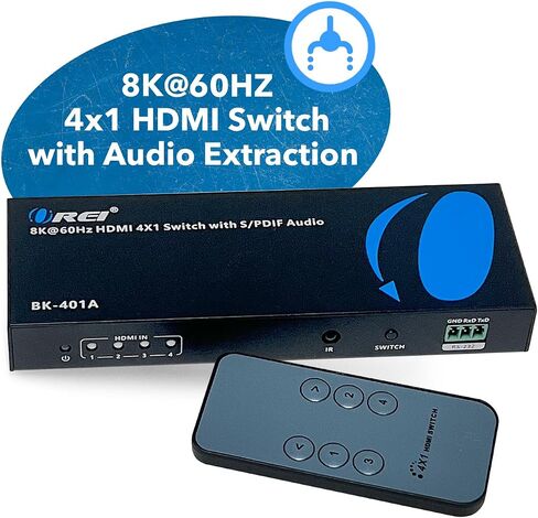 OREI 8K HDMI 2.1 Switch 4x1، محول مع مستخرج صوت UltraHD يدعم ما يصل إلى 4K @ 120 هرتز PS5، Xbox، الألعاب، جهاز تحكم عن بعد IR EDID HDCP 2.3 - مخرج بصري (BK-401A) in Saudi Arabia