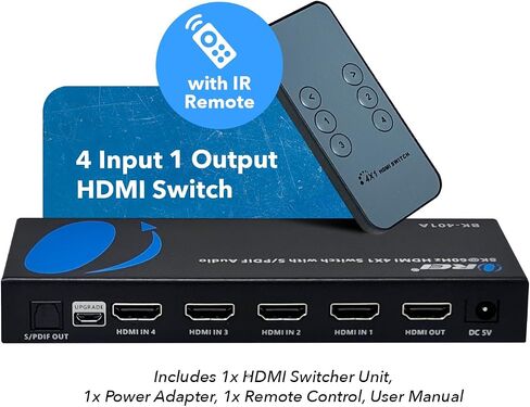 OREI 8K HDMI 2.1 Switch 4x1، محول مع مستخرج صوت UltraHD يدعم ما يصل إلى 4K @ 120 هرتز PS5، Xbox، الألعاب، جهاز تحكم عن بعد IR EDID HDCP 2.3 - مخرج بصري (BK-401A) in Saudi Arabia