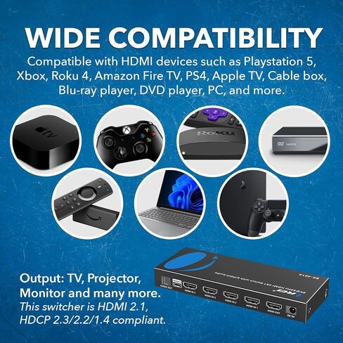 OREI 8K HDMI 2.1 Switch 4x1، محول مع مستخرج صوت UltraHD يدعم ما يصل إلى 4K @ 120 هرتز PS5، Xbox، الألعاب، جهاز تحكم عن بعد IR EDID HDCP 2.3 - مخرج بصري (BK-401A) in Saudi Arabia