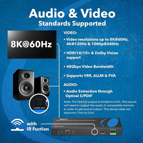 OREI 8K HDMI 2.1 Switch 4x1، محول مع مستخرج صوت UltraHD يدعم ما يصل إلى 4K @ 120 هرتز PS5، Xbox، الألعاب، جهاز تحكم عن بعد IR EDID HDCP 2.3 - مخرج بصري (BK-401A) in Saudi Arabia