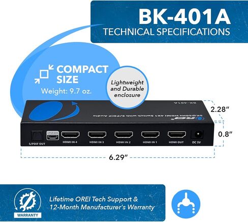 OREI 8K HDMI 2.1 Switch 4x1، محول مع مستخرج صوت UltraHD يدعم ما يصل إلى 4K @ 120 هرتز PS5، Xbox، الألعاب، جهاز تحكم عن بعد IR EDID HDCP 2.3 - مخرج بصري (BK-401A) in Saudi Arabia