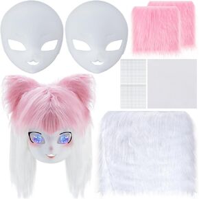 8 Pcs DIY Kigurumi Furry Mask Set Anime Fursuit Mask Kit Therian Fursuit Head with Blank Fabric Shaggy Faux Fur Fabric Plastic Mesh Sheet for Paint Costume Props Kawaii Masquerade Cosplay