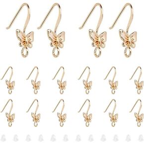 UniCraftale 20pcs حقيقية 18K ذهبية مطلية بالفراشة خط السنانير سلك الأذن مع حلقات مع 40 بكسل من صواميل الأذن البلاستيكية الأذو
