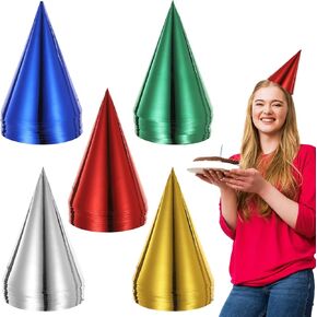 200 PCS CONE Party Hats ، قبعات حفلة عيد ميلاد معدنية ، قبعات ورقية متعددة الألوان مع سلاسل مرنة ، مستلزمات حفلات السنة الجديدة للصغار والشباب والبالغين