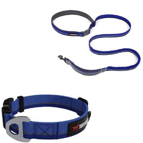 Tuff Pupper Matching Collar (12-16" Neck) and Bungee Running Leash - Blazing Blue