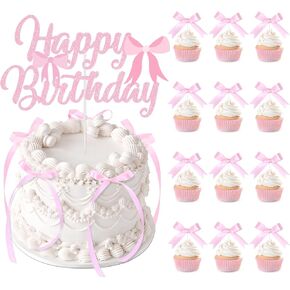 Blue Bow Birthday Decorations with Happy Birthday Sign, 6Pcs Ribbion Bow Cake Topper & 12Pcs Bow Cupcake Toppers, Bow Party Cake Decor, Tying the Knot Bridal Shower Party Supplies
