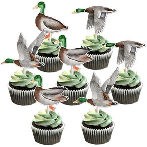 Sursurprise Hunting Party Decorations, 24pcs Mallard Duck Cupcake Toppers, Birthday Party Supplies