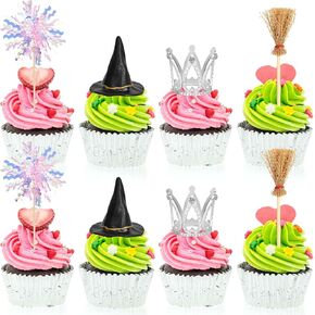 24 Pcs Witch Hat Brooms Crown and Foil Firework Cupcake Topper Bad Witch Princess Birthday Cake Dessert Decor for Birthday Celebrations Party Supplies