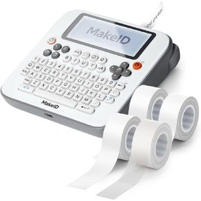 Makeid E1 White Label Maker with 4 Continuous Tapes White*2 & Transparent*2, Bluetooth Compatible Thermal Printer - QWERTY Keyboard, 4.42" LCD Screen - Prints 9mm, 12mm, 16mm Clear Waterproof Sticker