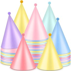 60 PCS قوس قوس قزح الحفلات مع POM POM و SCORD Pastel تحت عنوان القبعات عيد ميلاد مخروط معكرون تحت عنوان الحفلات لعيد ميلاد البالغين ، وديكورات دش الزفاف ، 6 لون