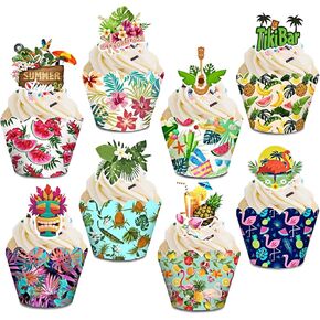 48 PCS Hawaiian Luau Cake Cupcake Topcake Toppers Pretpers ، Tropical Hawaiian Cupcake Toppers with Flamingo Plumeria Flumeria Fruit Fruit Leavis