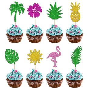 40pcs كب كيك استوائي أعلى الأقطار اللامعة الأناناس الأناناس شجرة النخيل شجرة الفلامكينغو كب كيك يختار زينة الكعكة ألوها لصيف هاواي هاواي ألوها استحمام عيد ميلاد لحفل الزفاف اللوازم