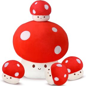 5 Pcs Mushroom Plush, 12 Inch Mushroom Plush Pillow with 4 Babies Mushroom Stuffed Animals Mushroom Plush Toy Mushroom Hugging Plush Pillow Room Decor Gift for Girls Kids Adults Valentine