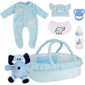 Babeside 7 PCS Reborn Baby Doll Cloths مع Bassinet لـ 17-22 بوصة Babydolls ، وملابس الدمى اللطيفة مع زجاجة قبعة ولعبة الفيل لإكسسوارات دمية الطفل Reborn ، والأزرق