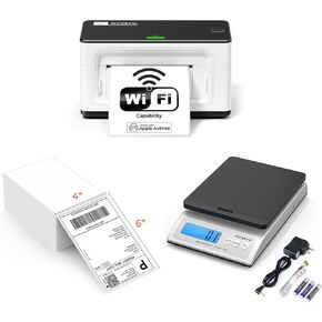 MUNBYN Wireless Thermal Printer, WiFi AirPrint Shipping Label Printer+Thermal Direct Shipping Label (Pack of 500 4x6 Fan-Fold Labels)+Shipping Scale, Accurate 66lb/0.1oz Postal Scale