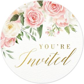 Mobiusea Creation Pink Floral Wedding Invitation Stickers | 1.4 inch | Gold Foil | 108pcs Waterproof Envelope Stickers for Bridal Shower, Birthday, Baby Shower and Party