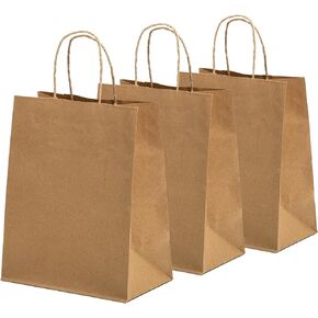 FMP Brands 100 Pack 8x4.5 × 10 بوصات أكياس هدايا ورقية Kraft مع مقابض كبيرة ، وأكياس الورق البني المتينة لصالح الحفلات ، وحقيبة هدايا حرفية لتعبئة أعياد الميلاد ، وأعمال تجارية صغيرة وتسوق