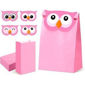 Siltriangle 24 Sets Pold Party Gift Pags Kraft Paper Treats Goodie Bags with Owl Toppers for DIY Symer Birthday Party Classroom Supplies (Pink)